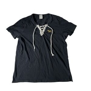 PINK Victoria's Secret Lace Up Womens T-Shirt Black Gold Glitter Love Pink L